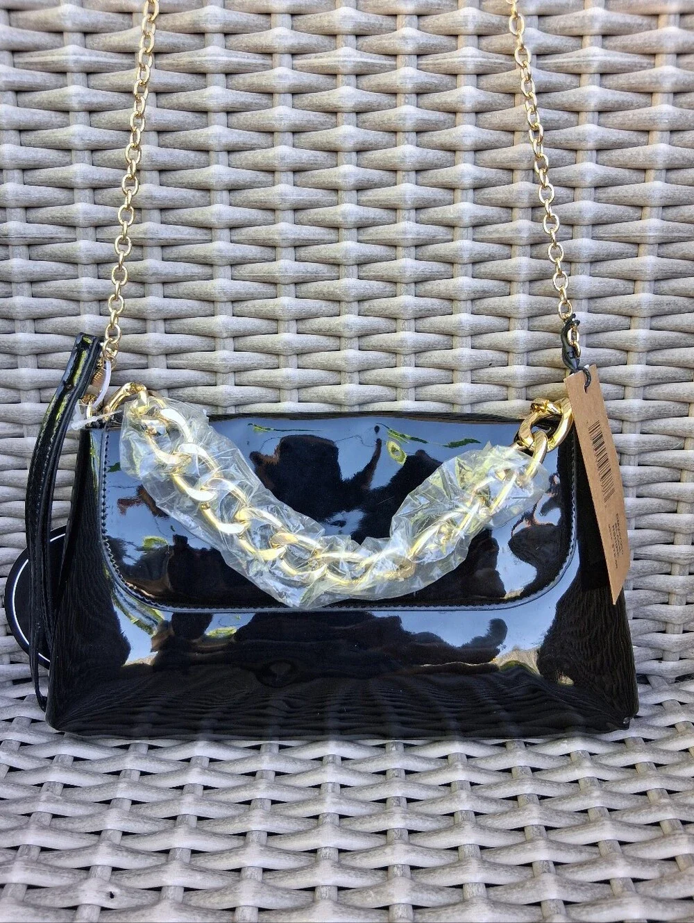 Steve Madden Black Patent Shoulder Bag with Gold Chain Accent
